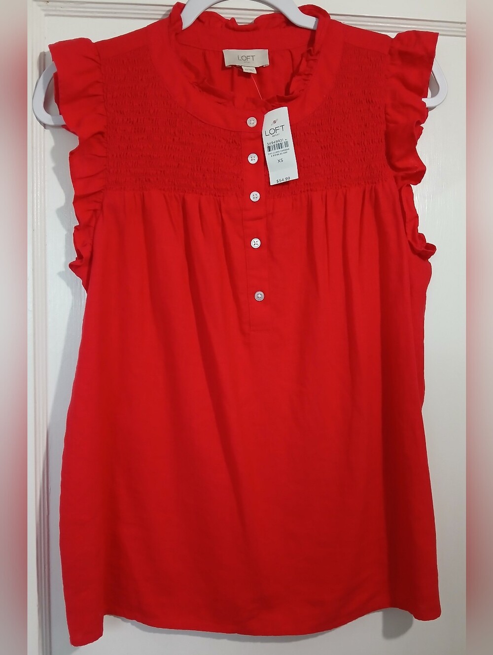 LOFT Red Smocked Ruffle Sleeve Button-Front Tank - NWT